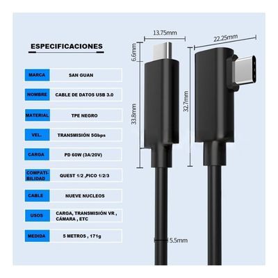 Imagen 2 del producto Cable Para Oculus Link Alternativo 5m Usb-c A Usb-c 3.0 5gbps Pd60w