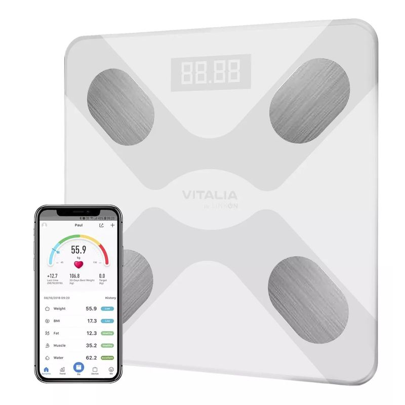 LINKON - Balanza Digital Bluethooth Pesa Inteligente Control de Peso - Blanco