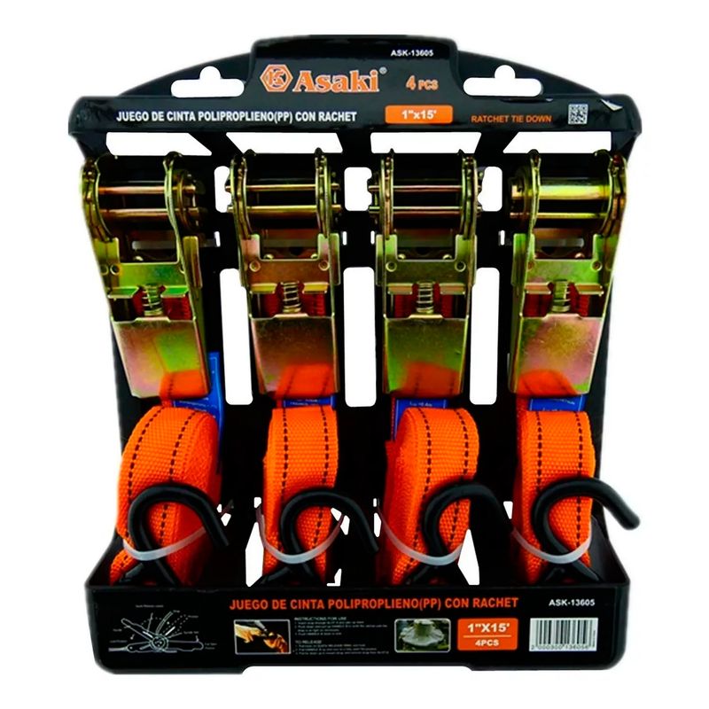 GENERICO - Set Kit Juego Eslinga Cinta Amarre Ratchet 4 Piezas Asaki