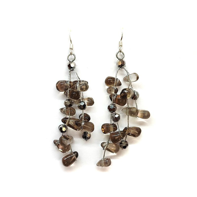 ANDREA COGGIOLA JOYAS - Aros Cristal Fumé Hilos De Seda Plateados