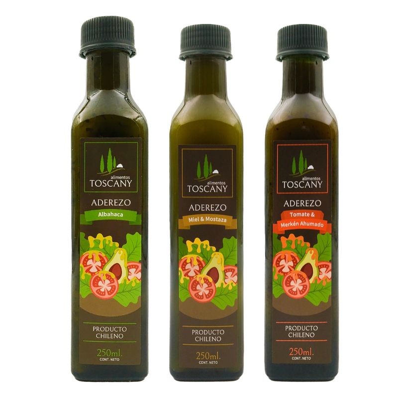 ALIMENTOS TOSCANY - Aderezos Pack Trio de  Albahaca, Miel Mostaza y Tomate Merkén