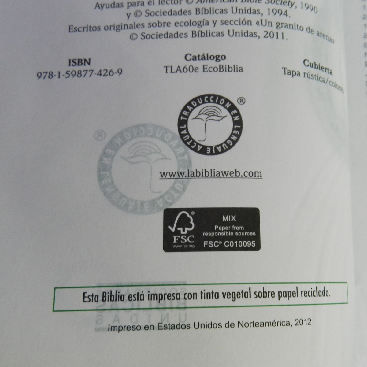 SOCIEDADES BIBLICAS UNIDAS - Eco BIblia papel reciclado tinta vegetal