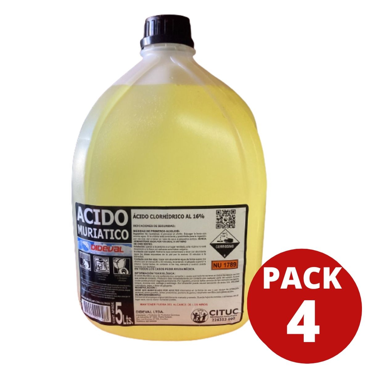 GENERICO - Ácido Muriático 5 Litros Dideval. Pack 4 Unidades Dideval