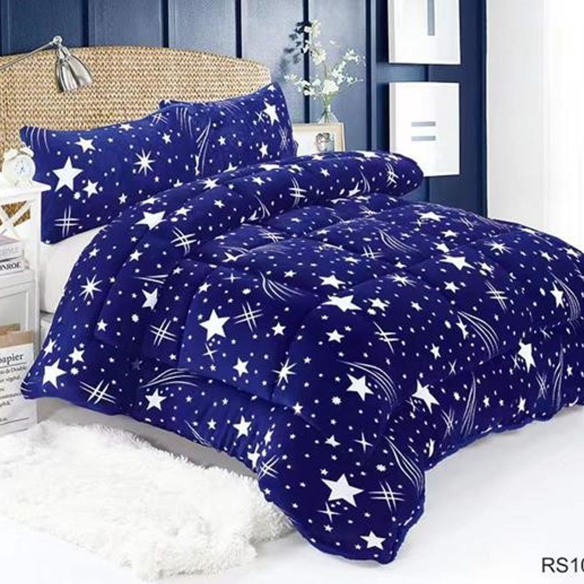GENERICO - Plumon Sherpa Cobertor de invierno de plush y chiporro 2 Plazas - Azul Estrellas