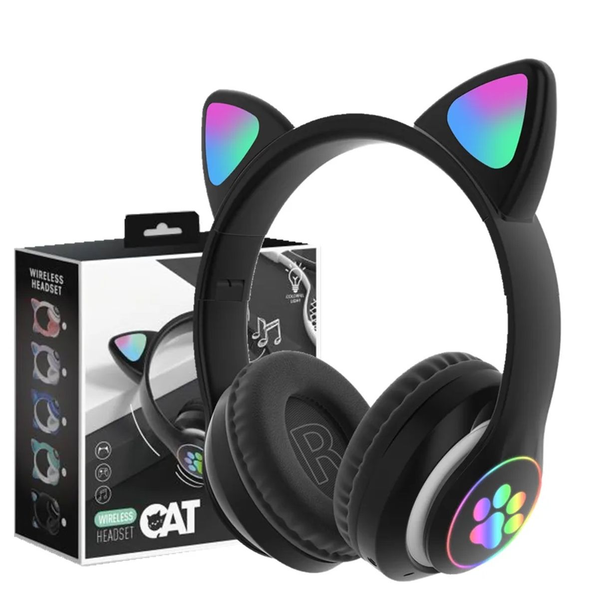 GENERICO - Audífonos inalámbricos Bluetooth RGB Orejas gato BT 5.0 NEGRO