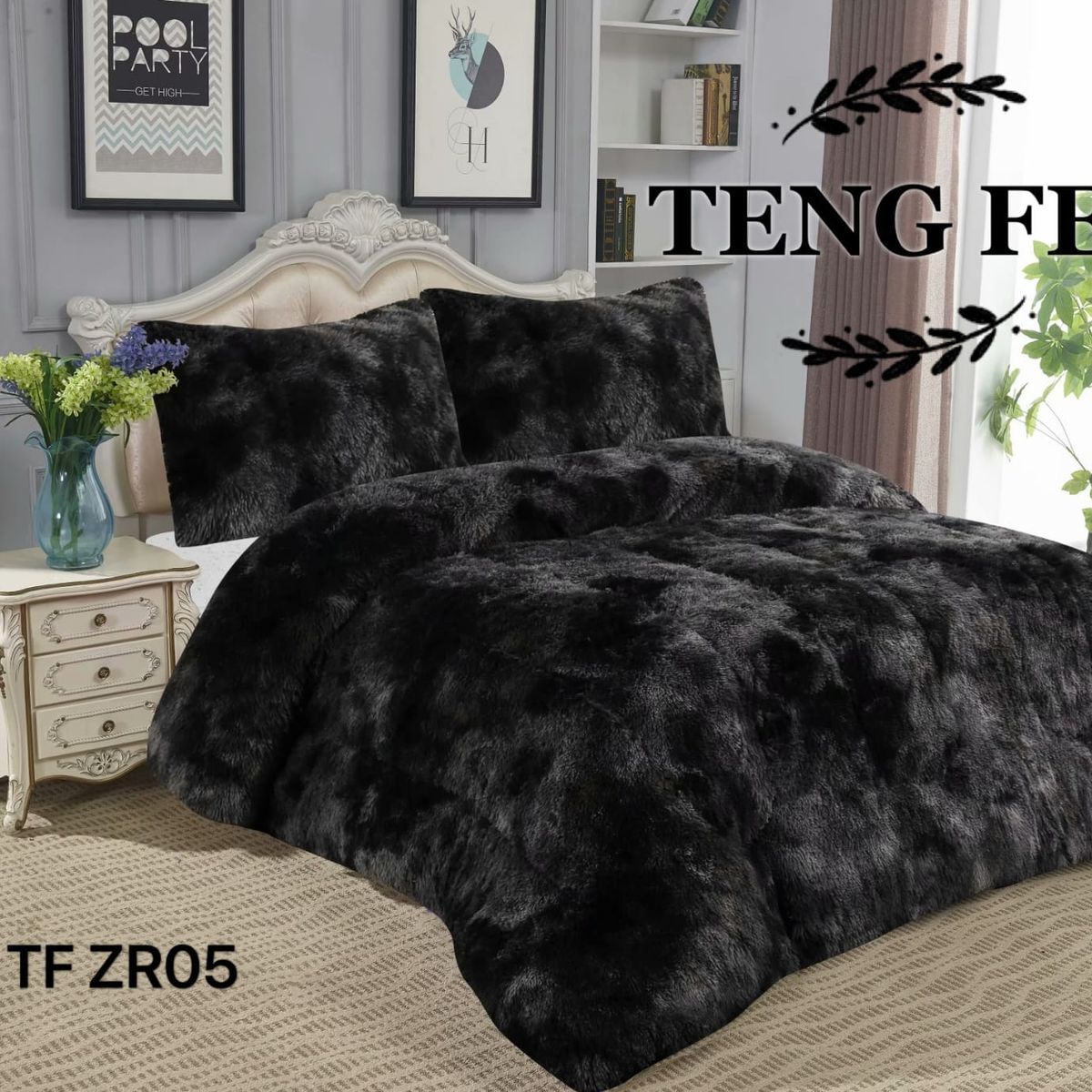 GENERICO - Plumon de invierno Peludo con Chiporro 2 Plazas - Negro Jaspeado