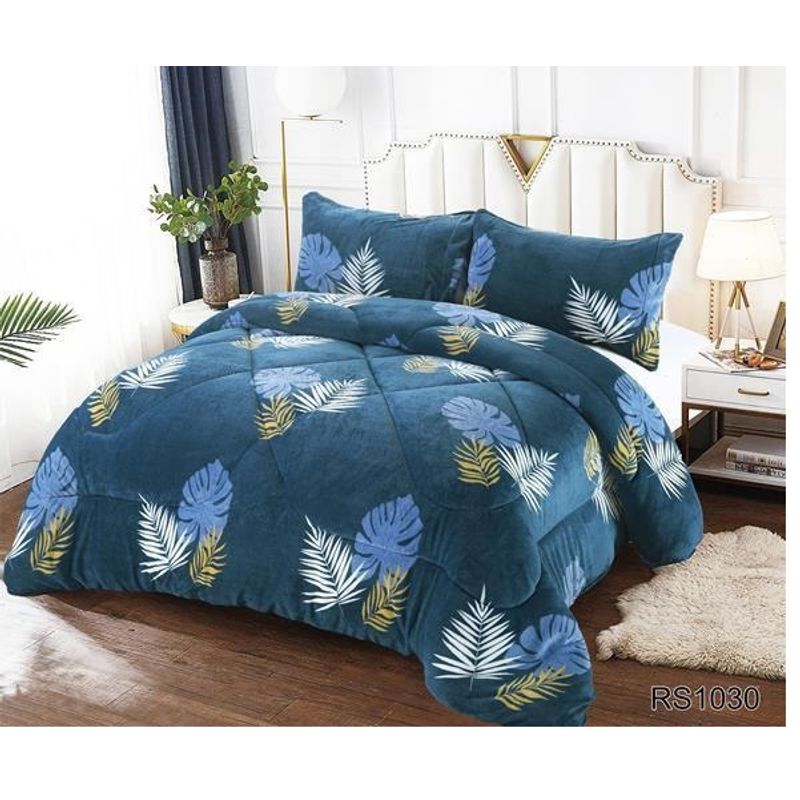 GENERICO - Plumon Cobertor de invierno Plush y Chiporro 2 Plazas Azul Hojas