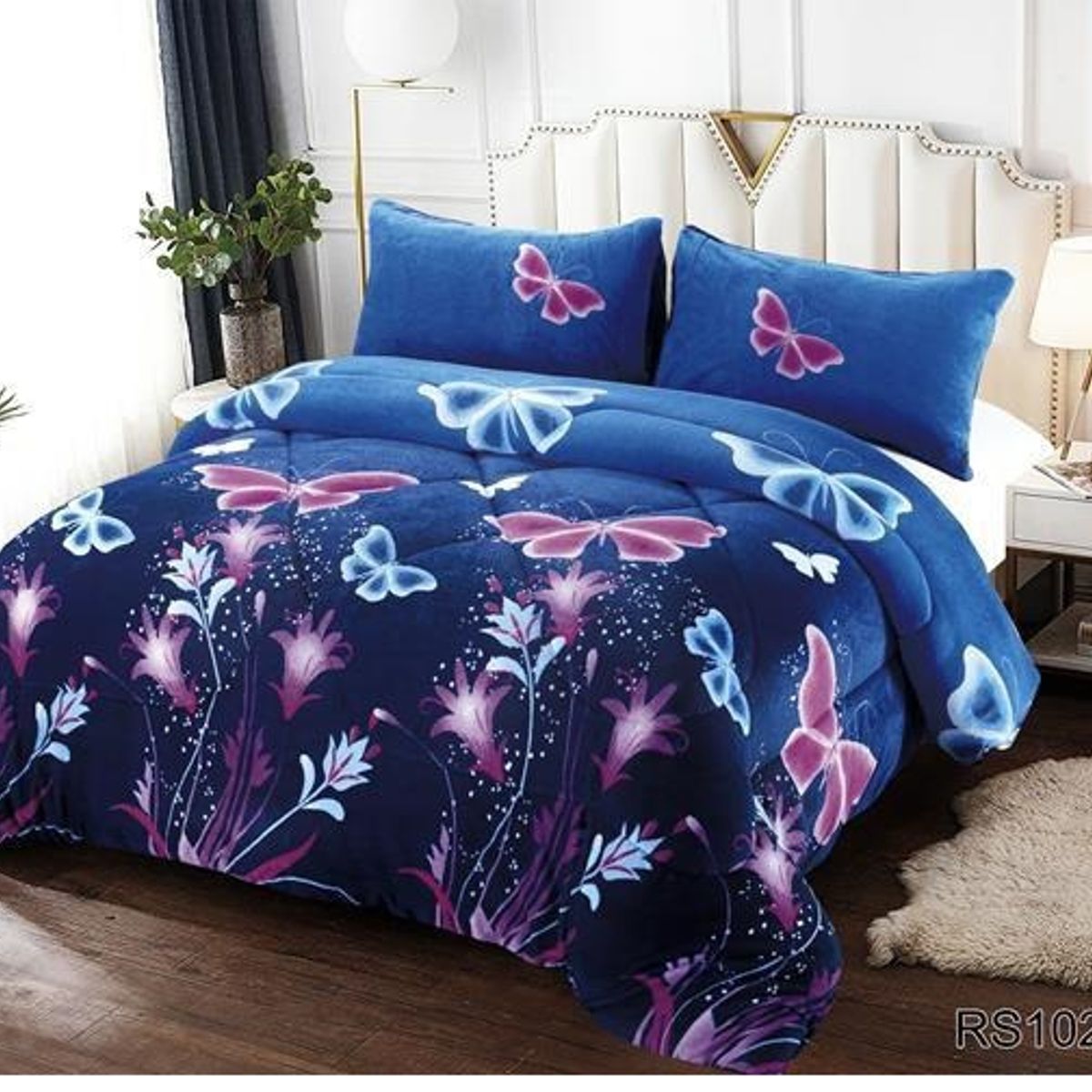 GENERICO - Plumon Cobertor de invierno Plush y Chiporro 2 Plazas - Azul Mariposas