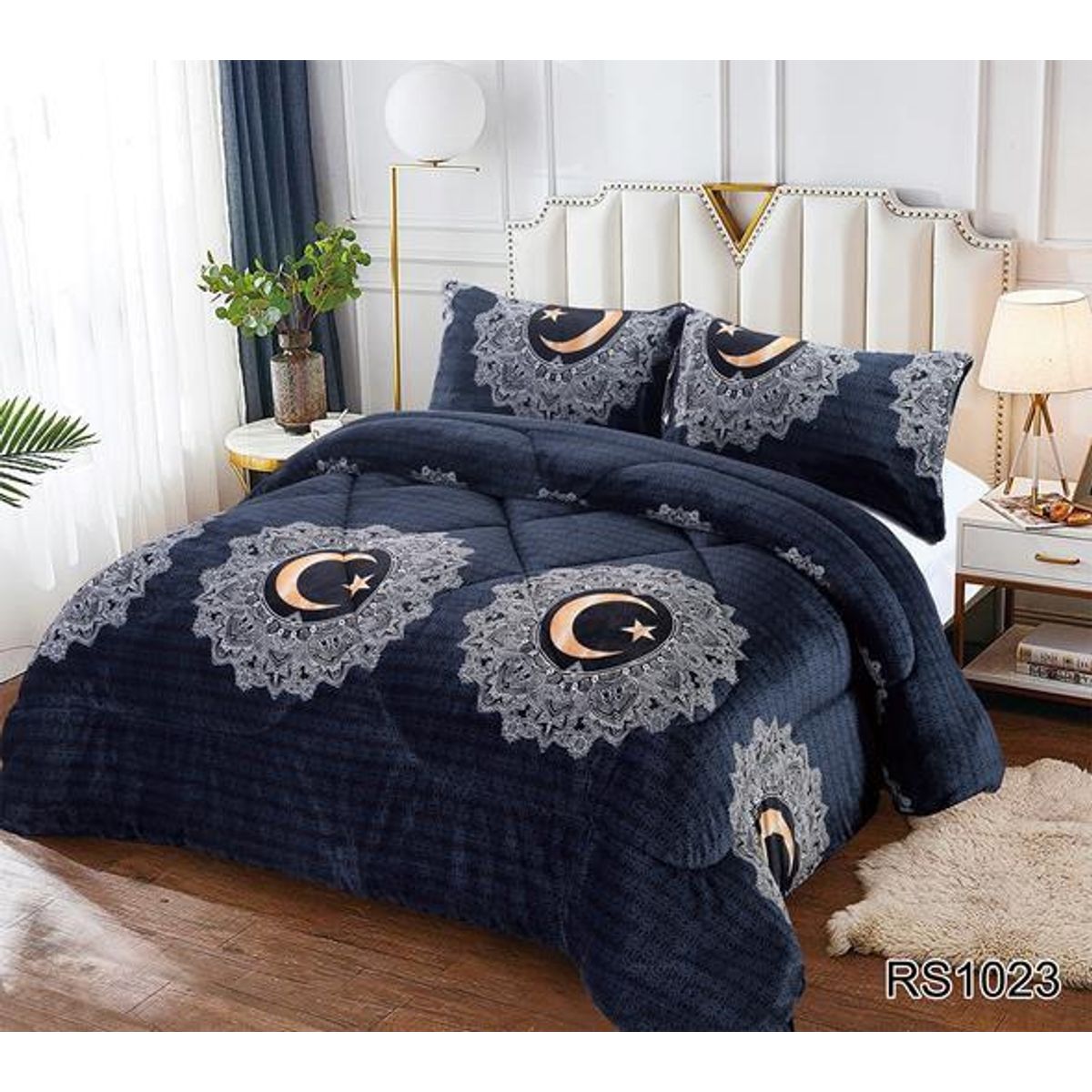 GENERICO - Plumon Cobertor de invierno Plush y Chiporro 2 Plazas - Negro Luna