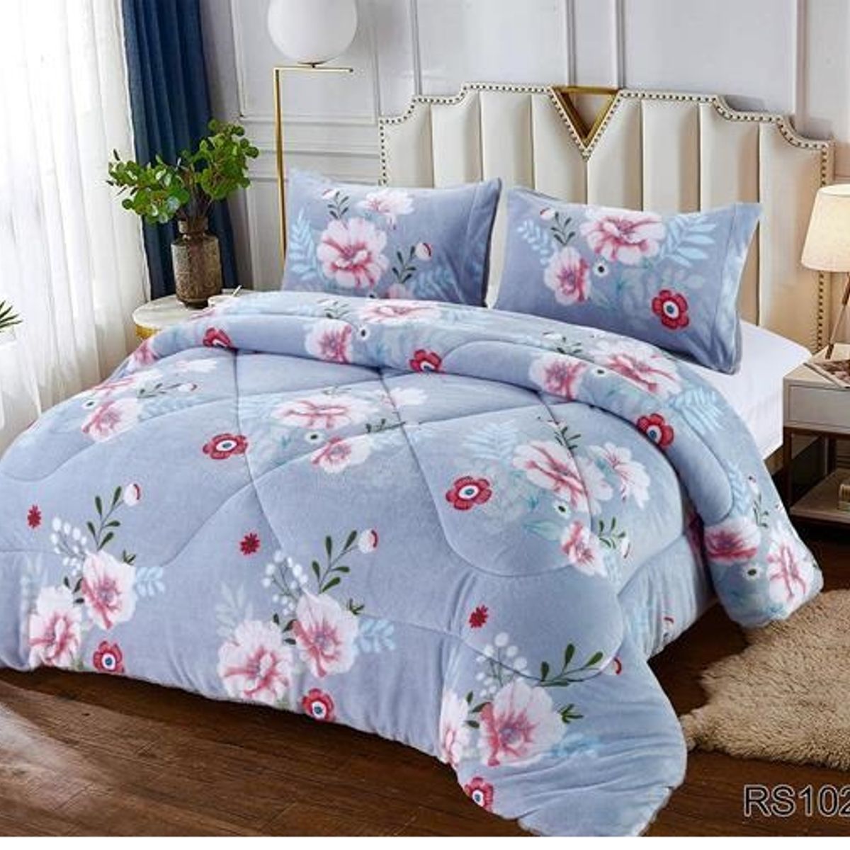 GENERICO - Cobertor de invierno Plush con Chiporro 2 Plazas - Azul Flores RS1028