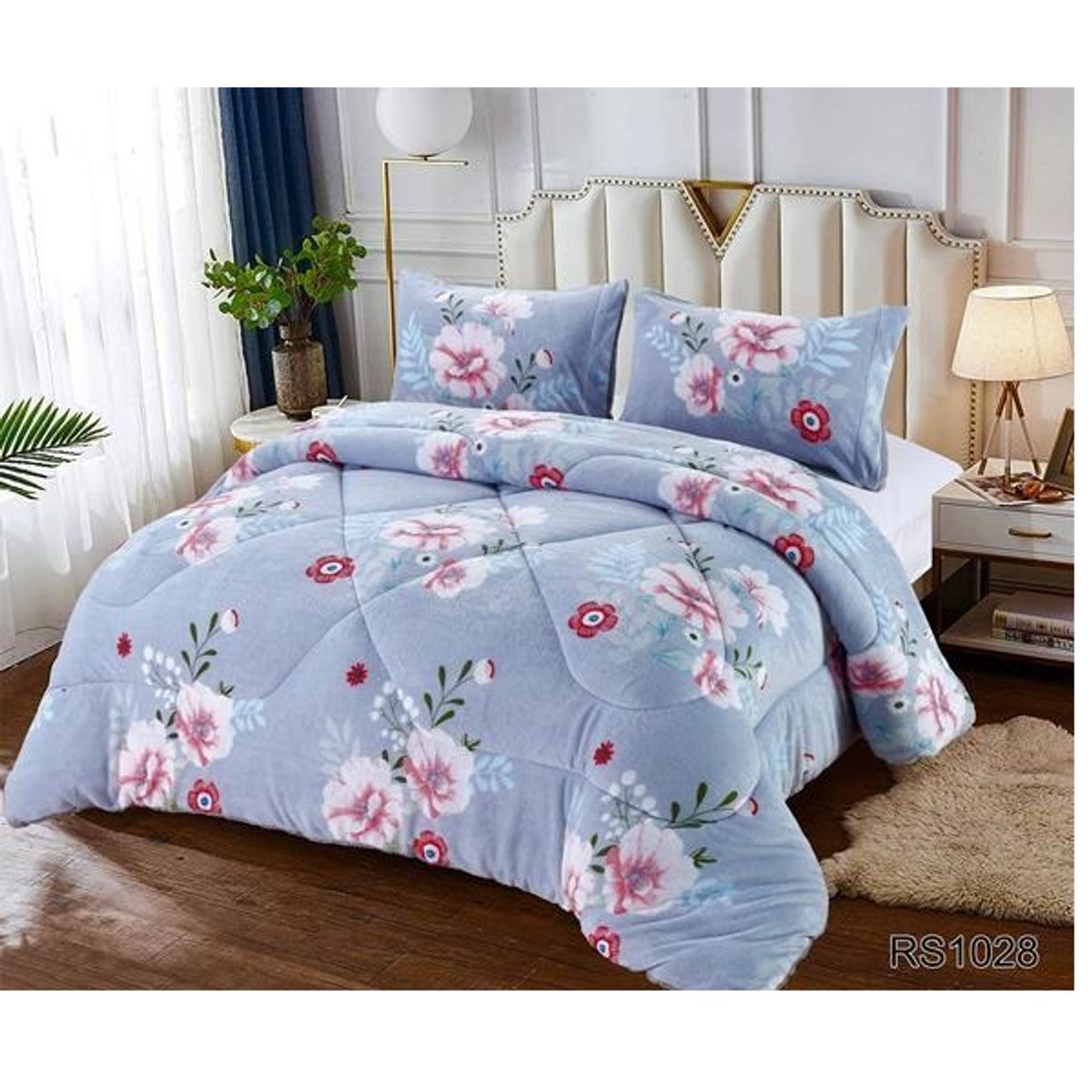 GENERICO - Cobertor de invierno Plush con Chiporro 2 Plazas - Azul Flores RS1028