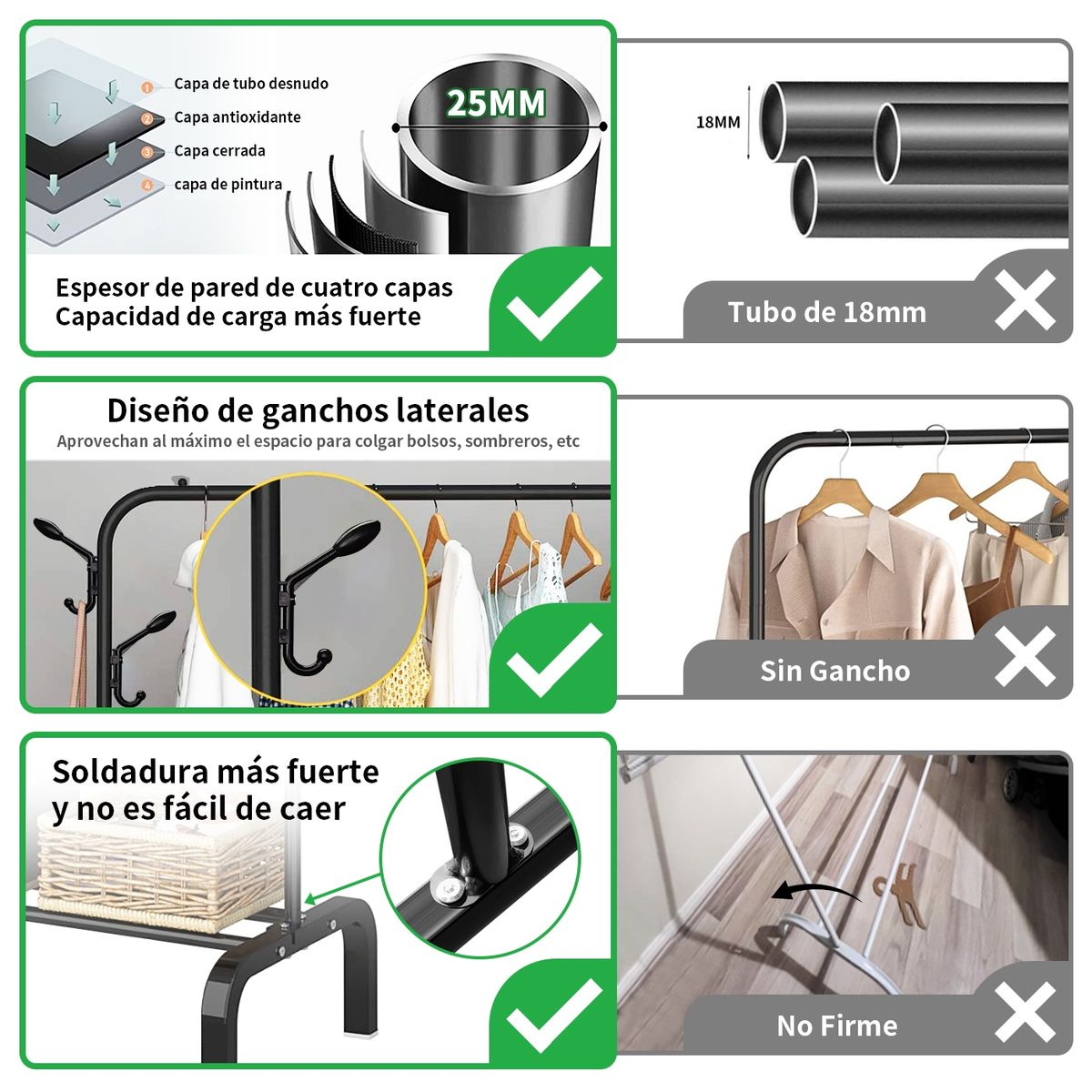 VIDITA - Perchero Organizador Colgante De Ropa Tubo 25mm Con Ganchos Blanco