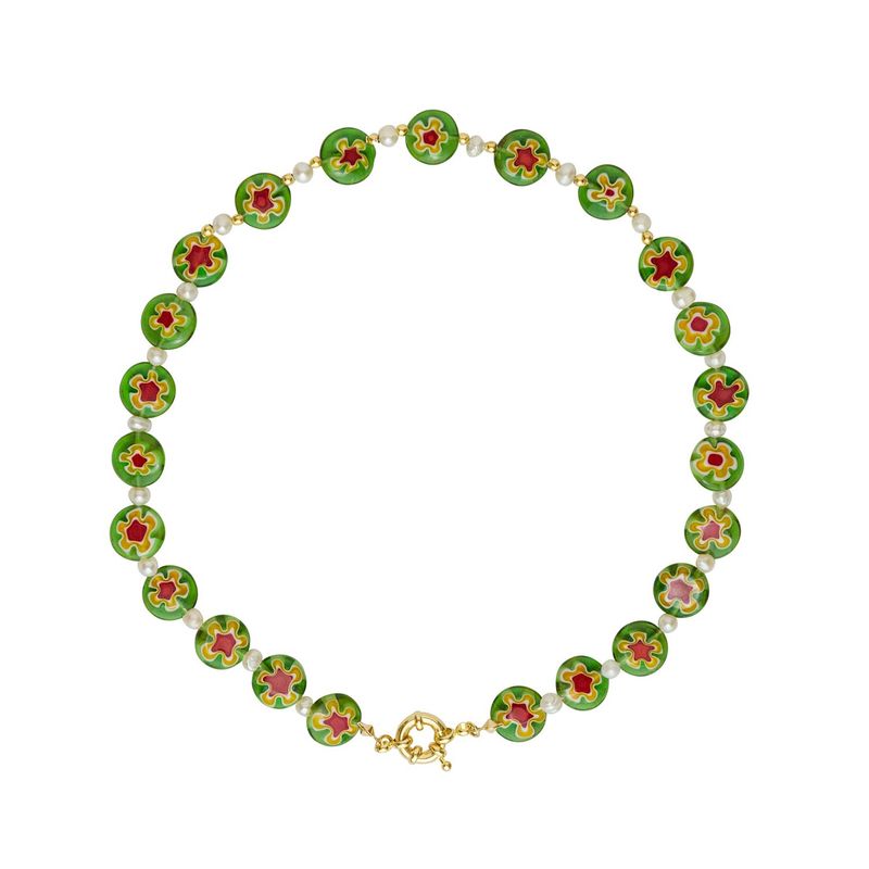 TULIPA - Collar De Cuentas De Millefiori Broche Timón Baño Oro 18k