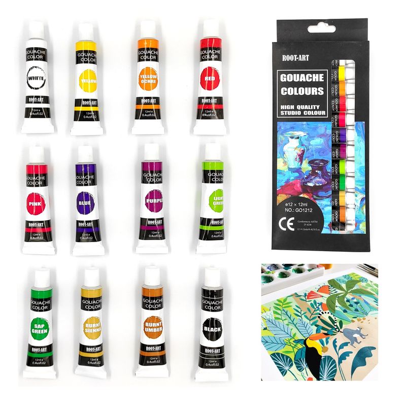 GENERICO - Set Pinturas Gouache Pigmentos Témpera 12 Colores Tubos 12ml.