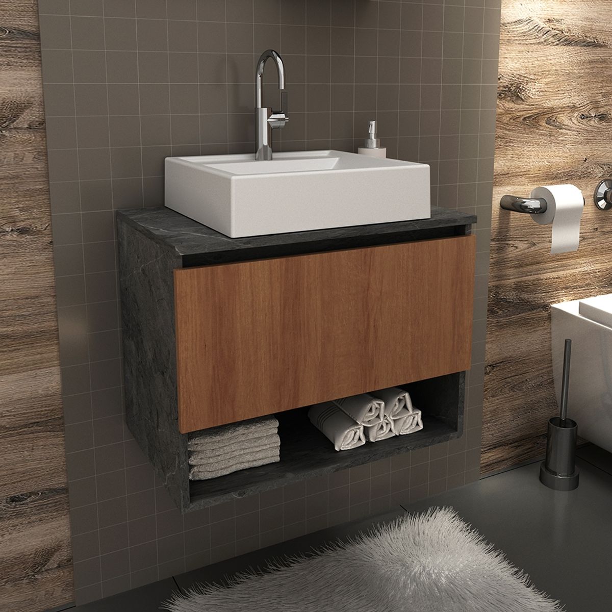 TECNOMOBILI - MUEBLE BAÑO AEREO CON 1 PUERTA MARMOL LUNAR/ALMENDRA