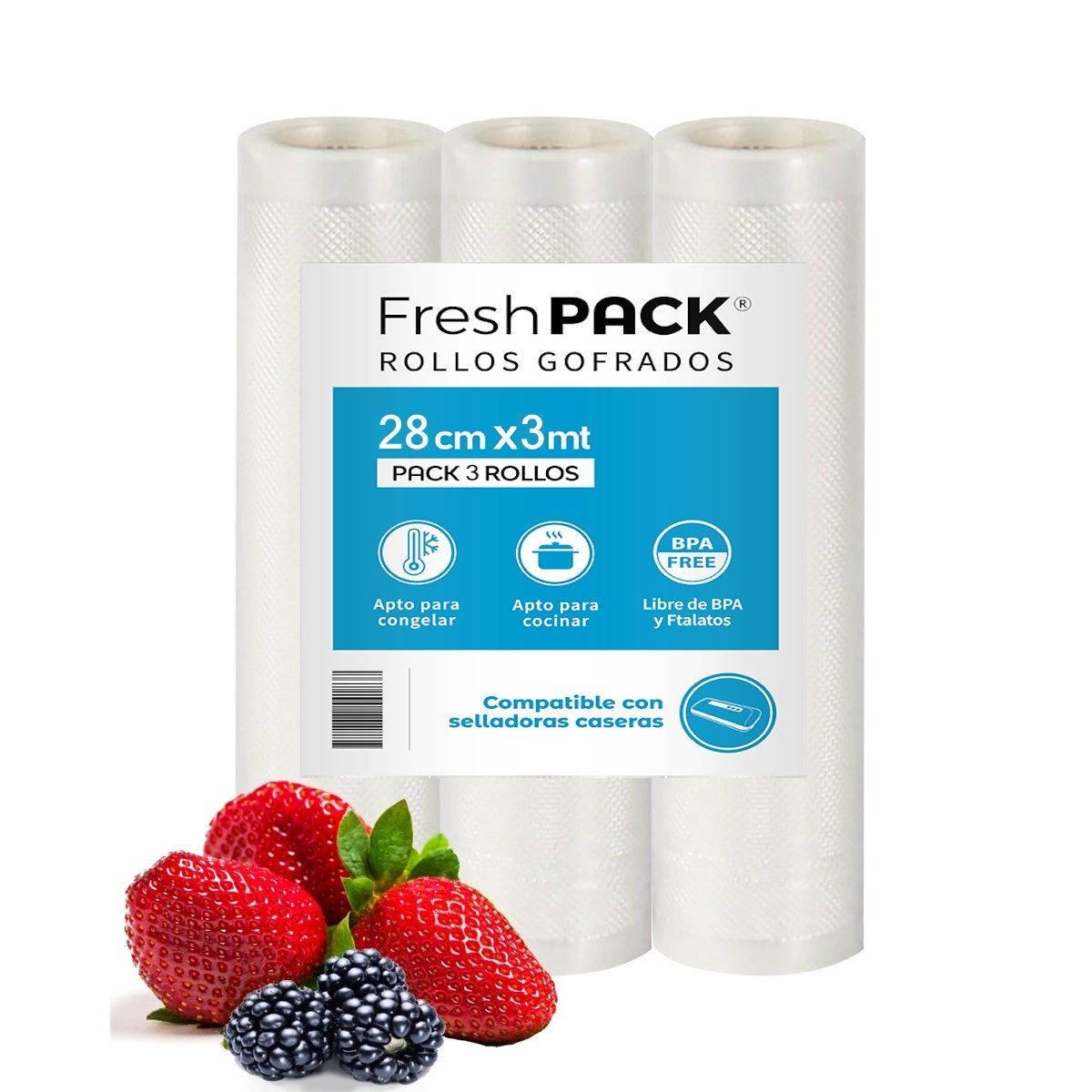 FRESHPACK - 3 Rollos Bolsas Sellado al Vacio 28 cm X 3 mt
