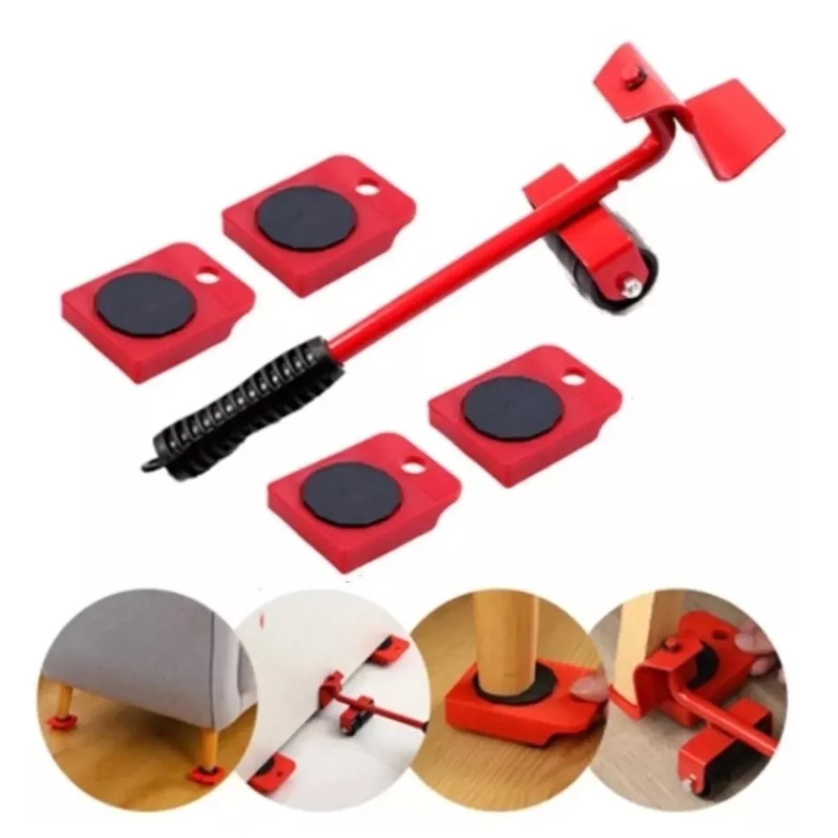 GENERICO - Kit Elevador De Muebles 4 Bases más Ruedas más Palanca 150 Kilos