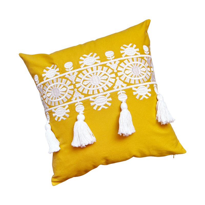 MANDIRHOME - Funda de Cojín Boho Borlas Primavera Chic Mostaza Blanco Cuadrado
