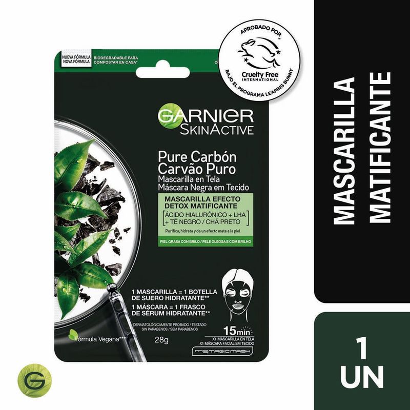 GARNIER - Mascarilla Negra Tela Matificante Pieles Mixtas A Grasas