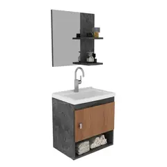 TECNOMOBILI - KIT MUEBLE BAÑO AEREO CON 1 PUERTA MARMOL LUNAR/ALMENDRA+ ESPEJO CON DOS REPISAS