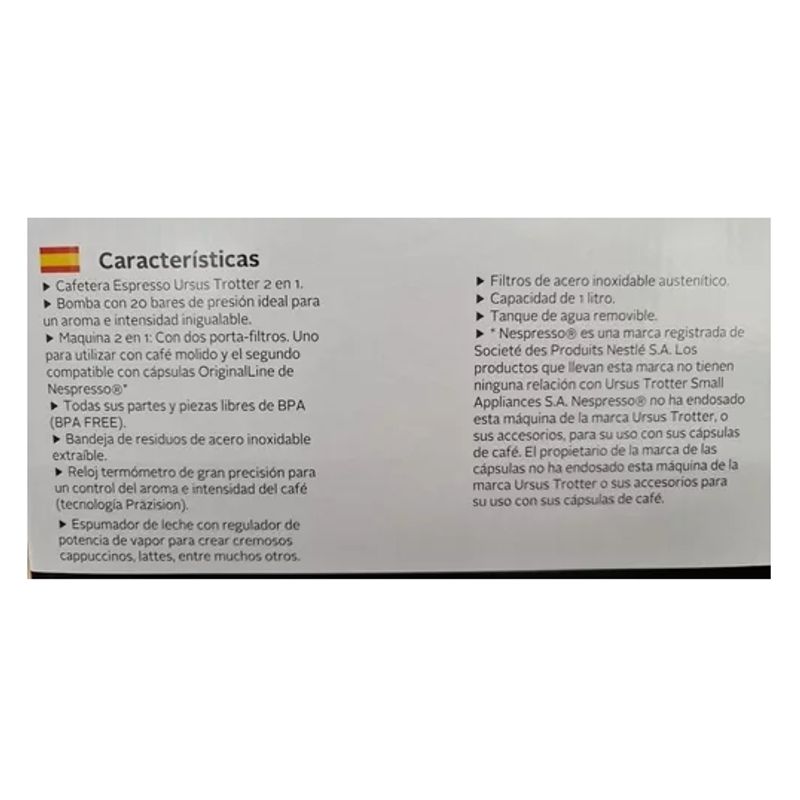 URSUS TROTTER - Cafetera Ursus Trotter Ut-kaffee20bar Aut Cáp Monodosis
