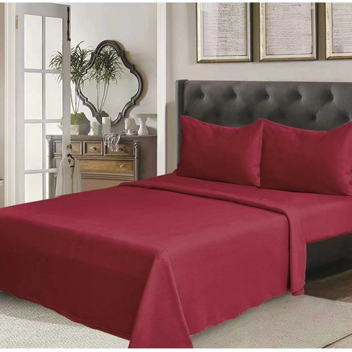 GENERICO - Juego de cama sabanas de polar - 2 Plazas - Color Burdeo
