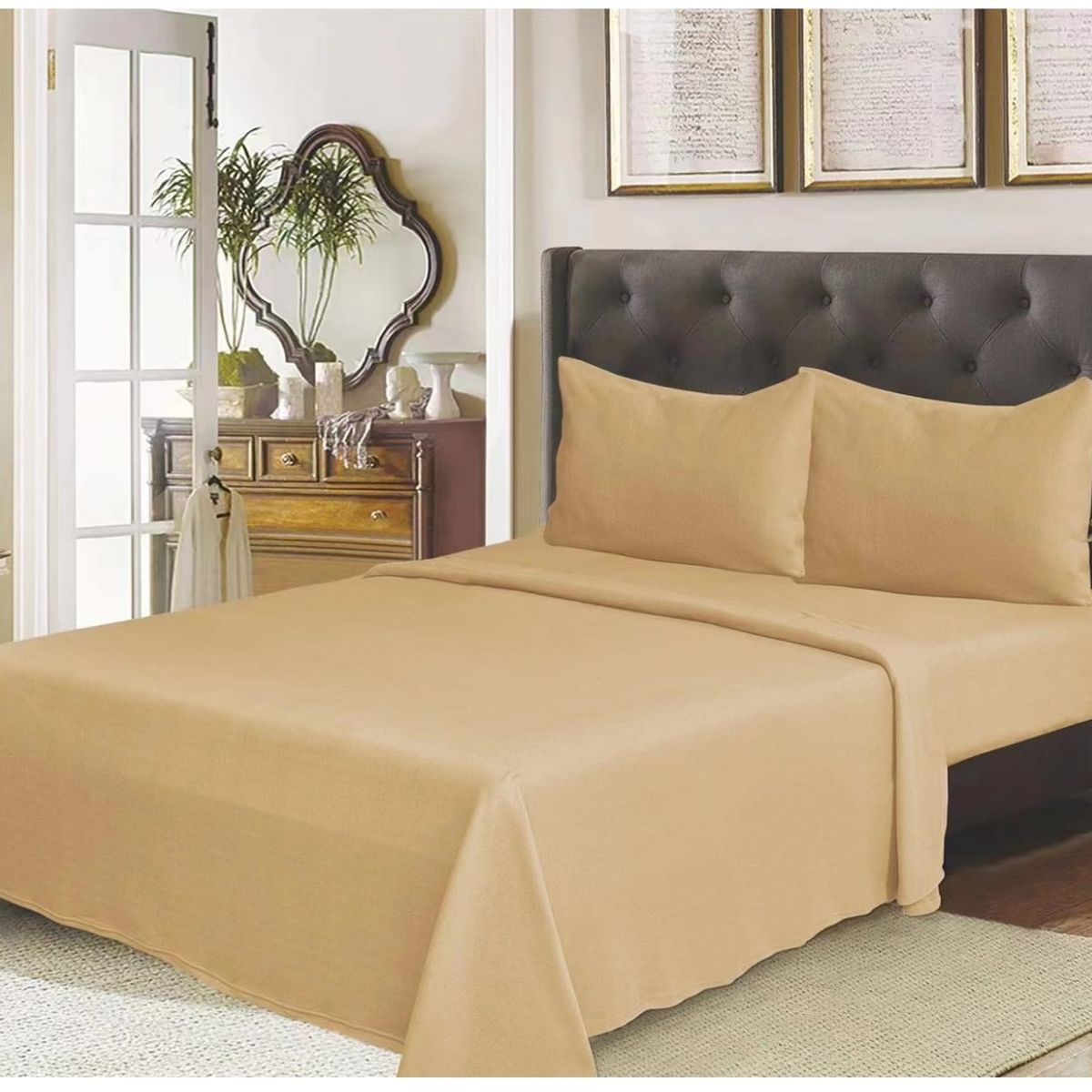 GENERICO - Juego de Sabanas de polar - 2 Plazas - Color Beige
