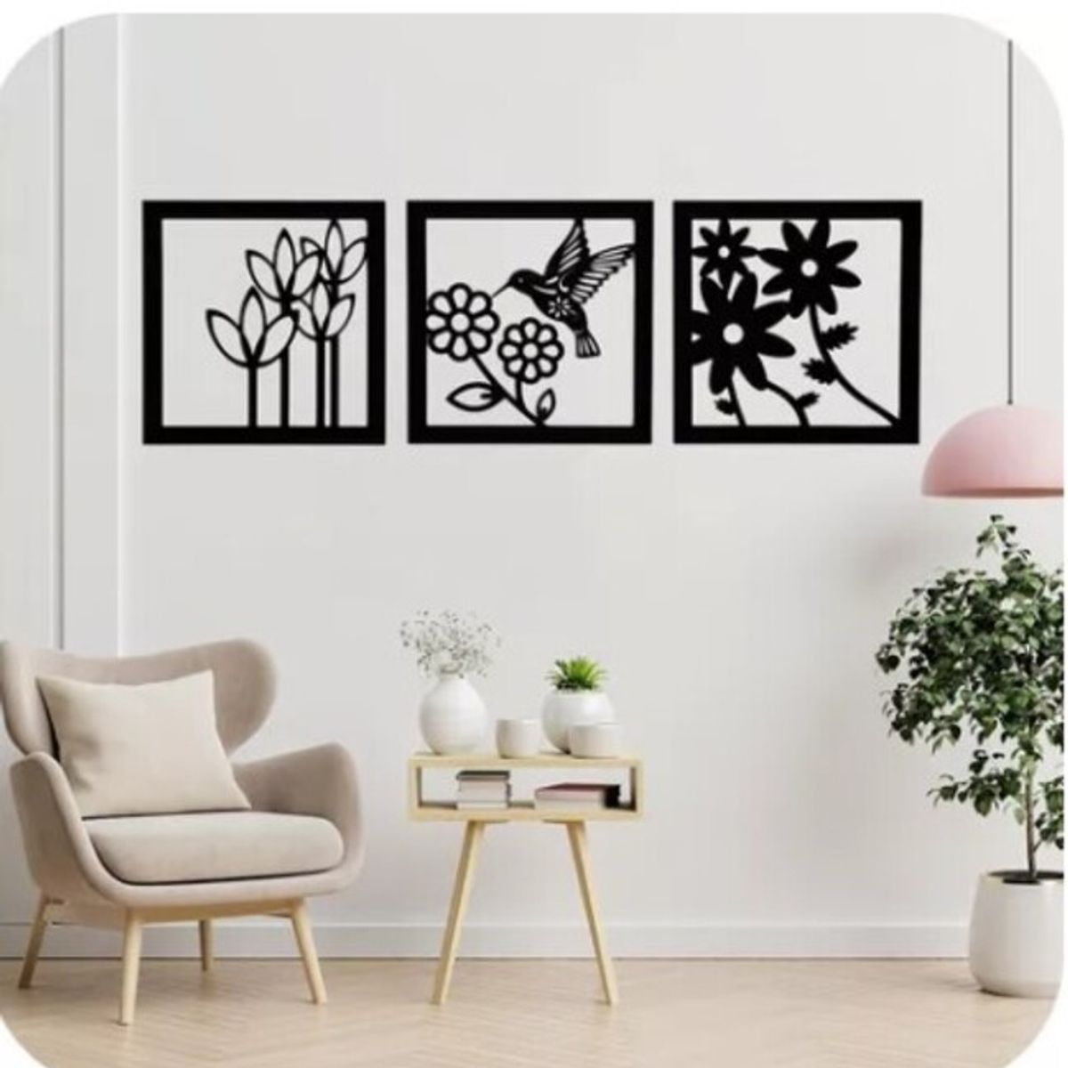 GENERICO - Cuadro Calado Colibrí Flores pack 3 Madera MDF