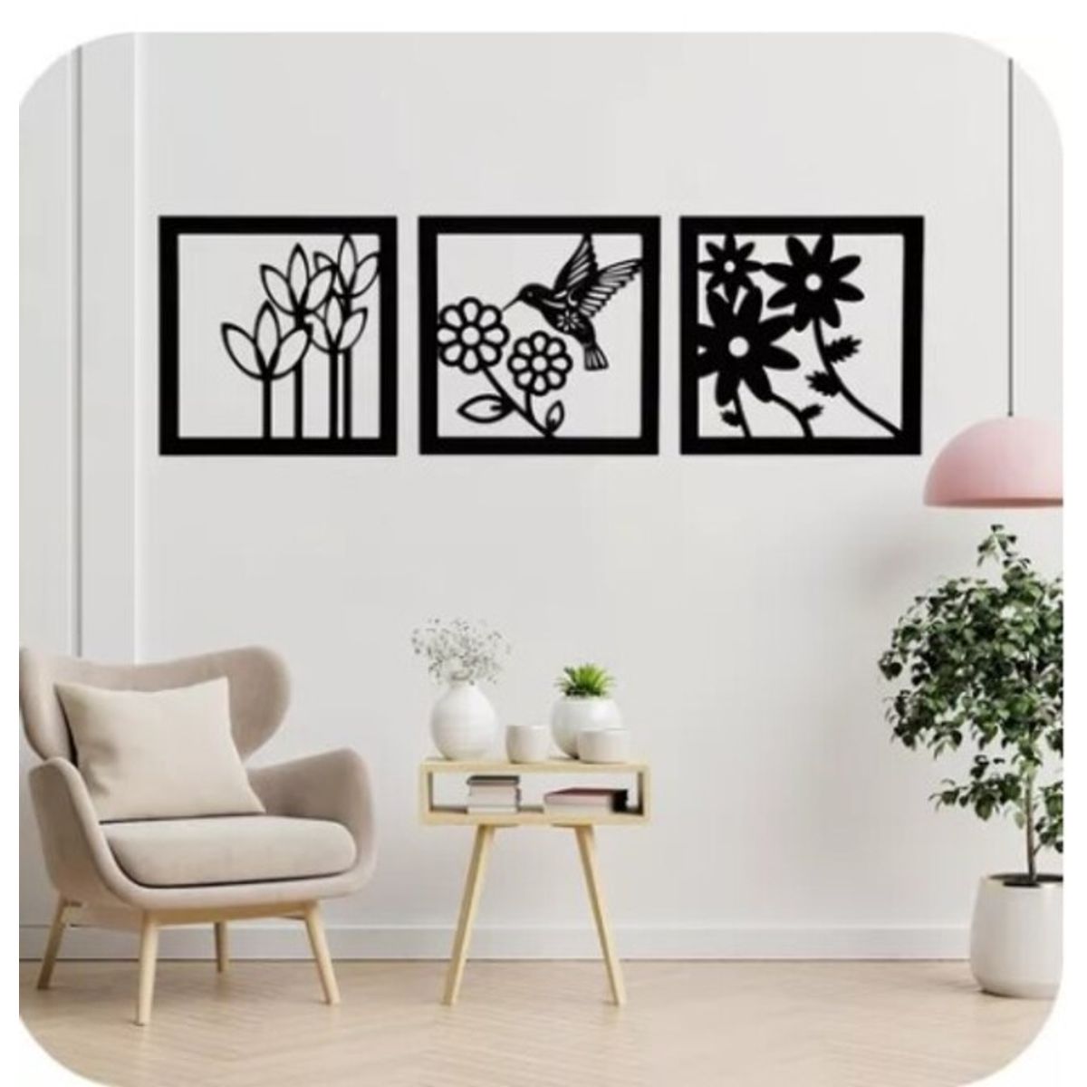 GENERICO - Cuadro Calado Colibrí Flores pack 3 Madera MDF