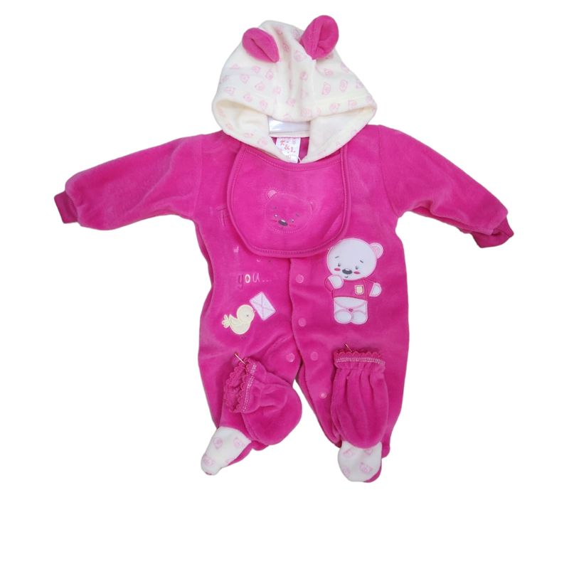 AGW - Set Osito Enterito Babero Mitones Bebe Niña Polar