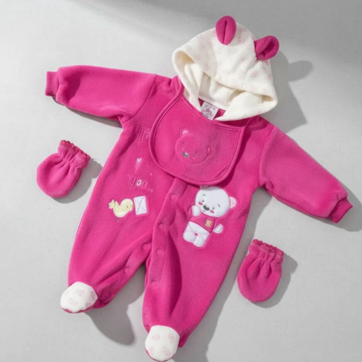 AGW - Set Osito Enterito Babero Mitones Bebe Niña Polar
