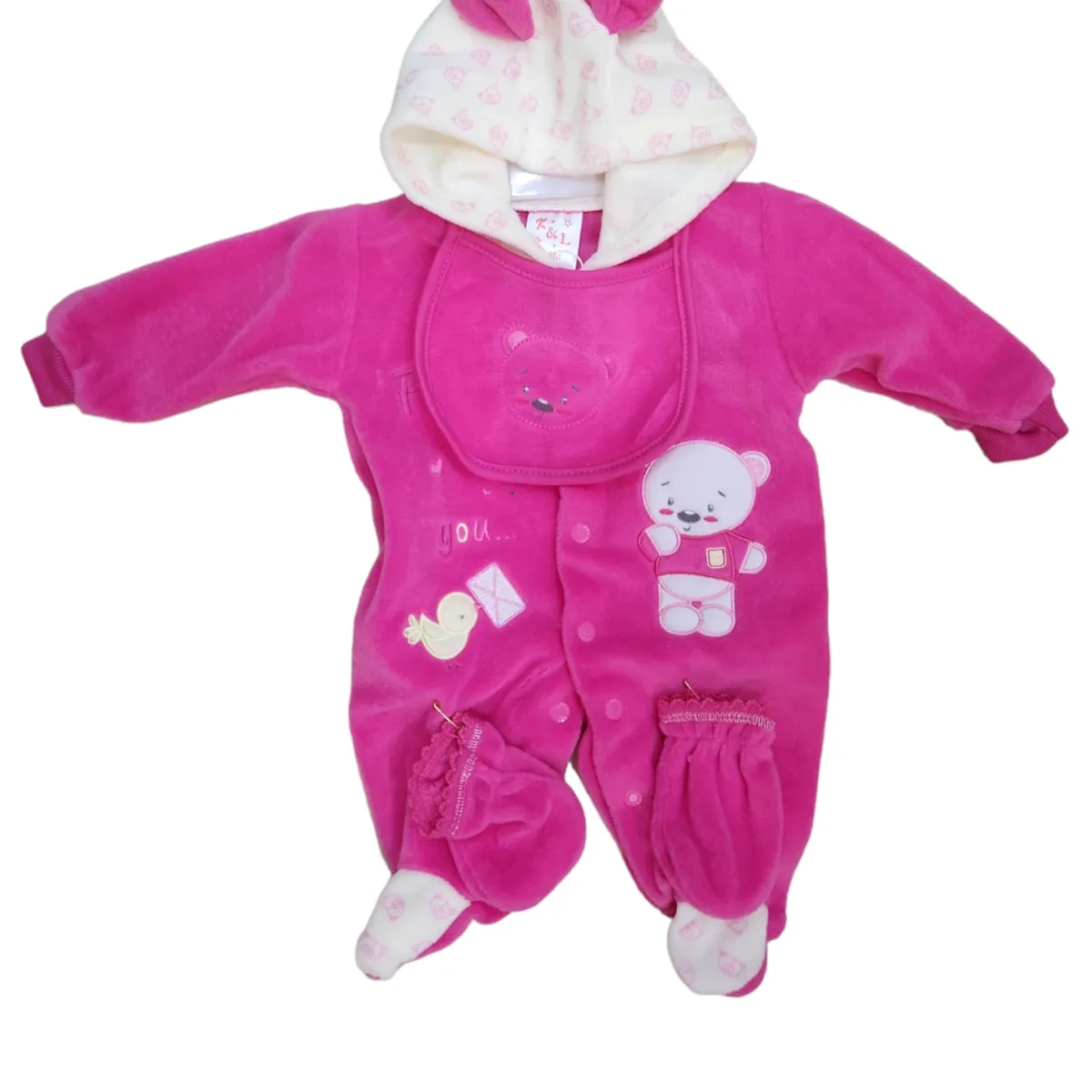 AGW - Set Osito Enterito Babero Mitones Bebe Niña Polar