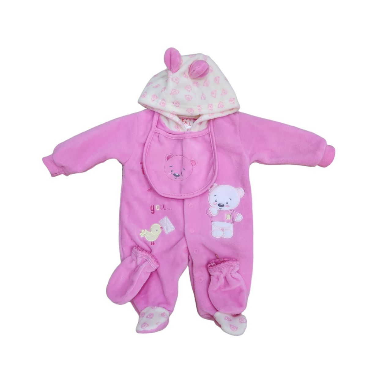 AGW - Set Osito Enterito Babero Mitones Bebe Niña Polar