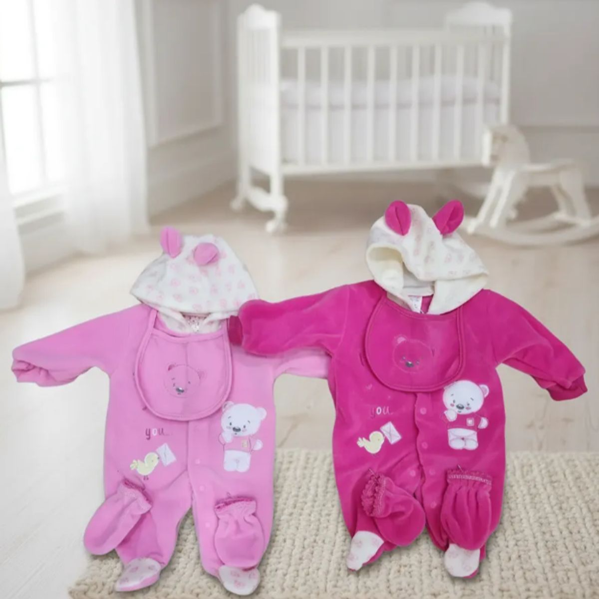 AGW - Set Osito Enterito Babero Mitones Bebe Niña Polar