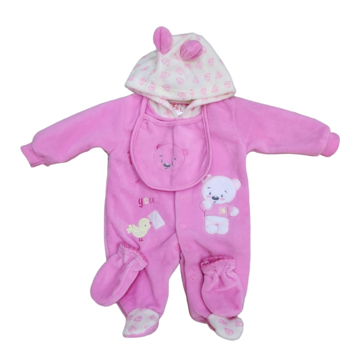 AGW - Set Osito Enterito Babero Mitones Bebe Niña Polar