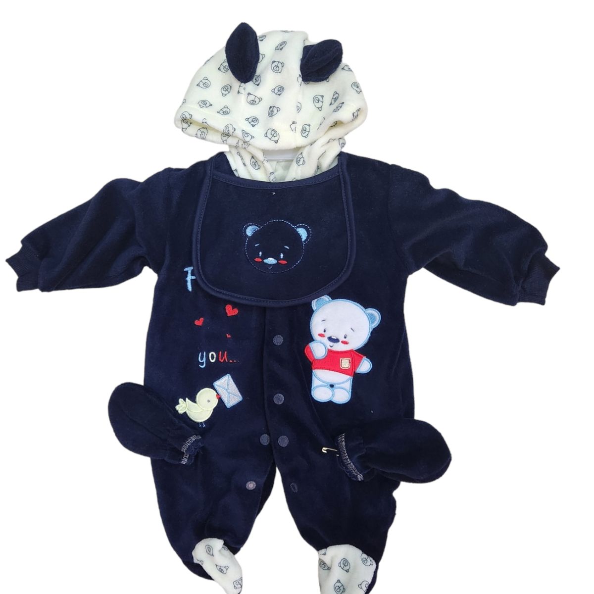 AGW - Set Osito Enterito Babero Mitones Bebe Niño Polar