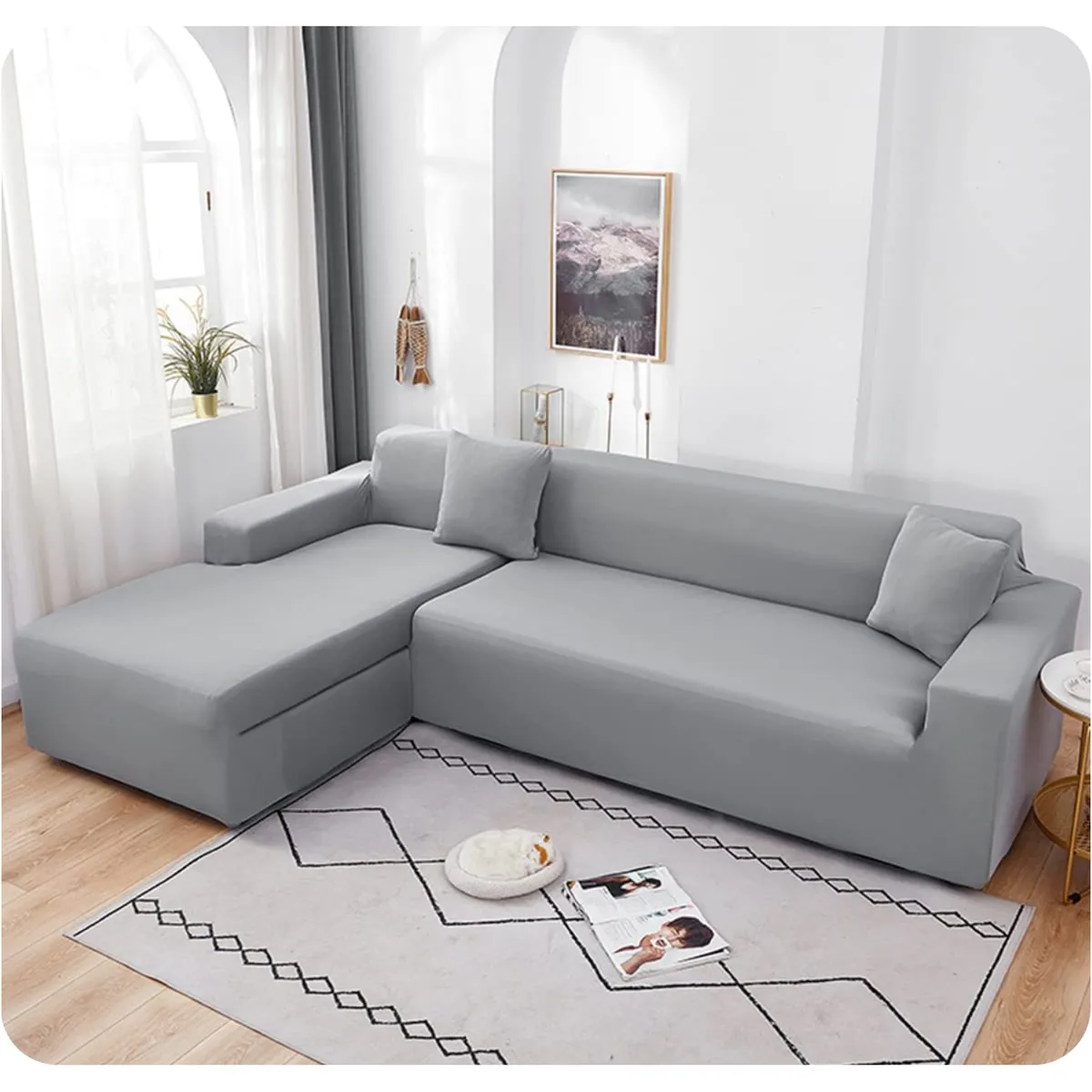 GENERICO - FUNDA GRIS CUBRE SILLON SECCIONAL TIPO L ELASTICADA AJUSTABLE