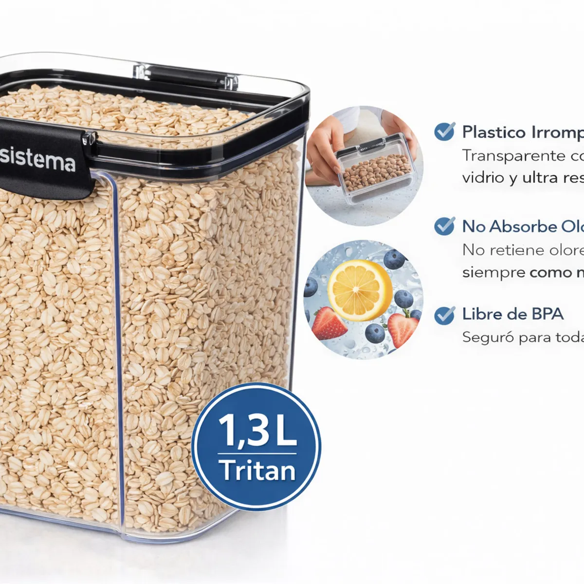SISTEMA - Contenedor Hermético 1,3 L Tritan Ultra Resistente - Ideal para Despensa y Alimentos Secos - No Absorbe Olores - Sistema Plastics