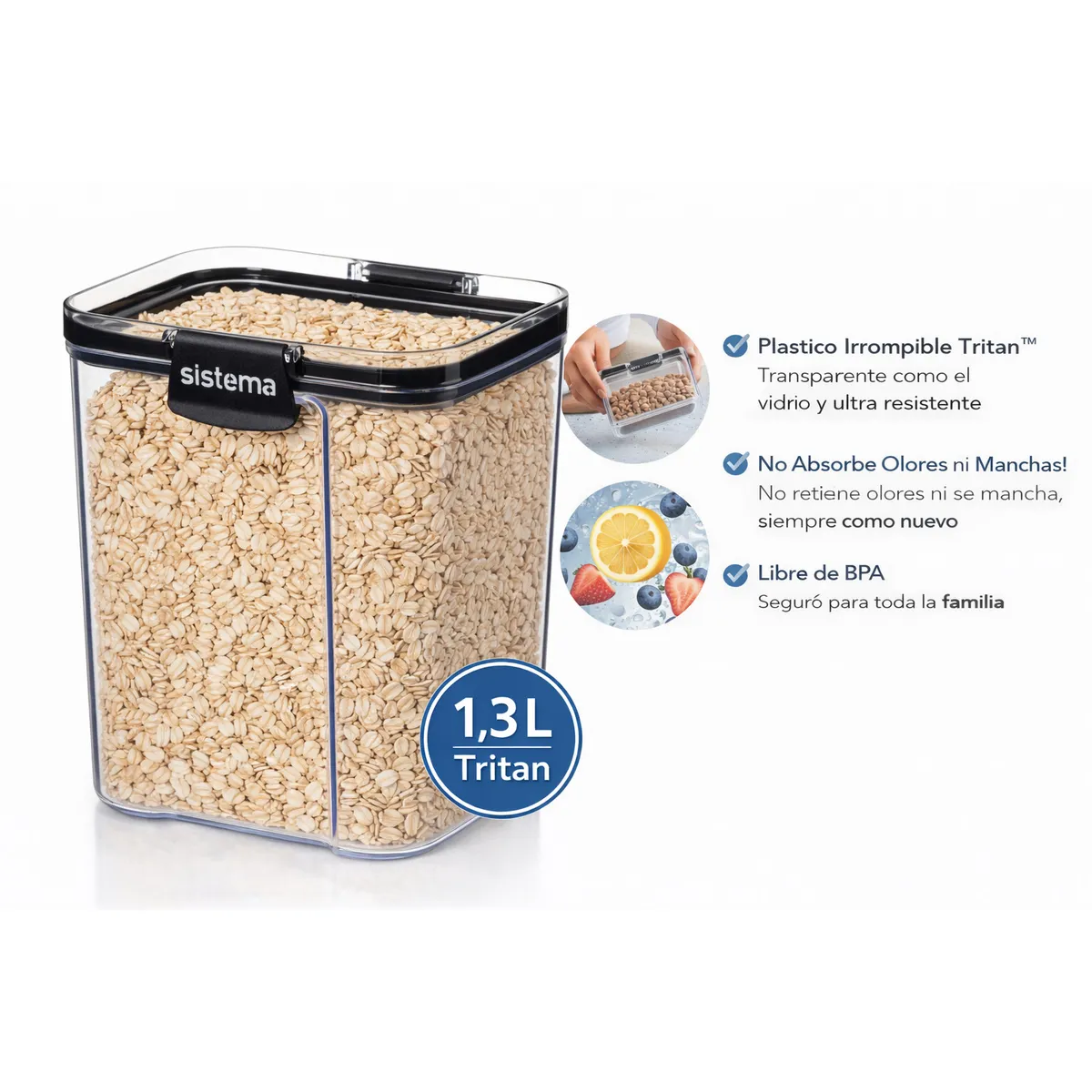 SISTEMA - Contenedor Hermético 1,3 L Tritan Ultra Resistente - Ideal para Despensa y Alimentos Secos - No Absorbe Olores - Sistema Plastics