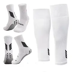 FITNICS - Medias Calcetas Futbol Antideslizante Set 2 + Pantorrillera - Blanco