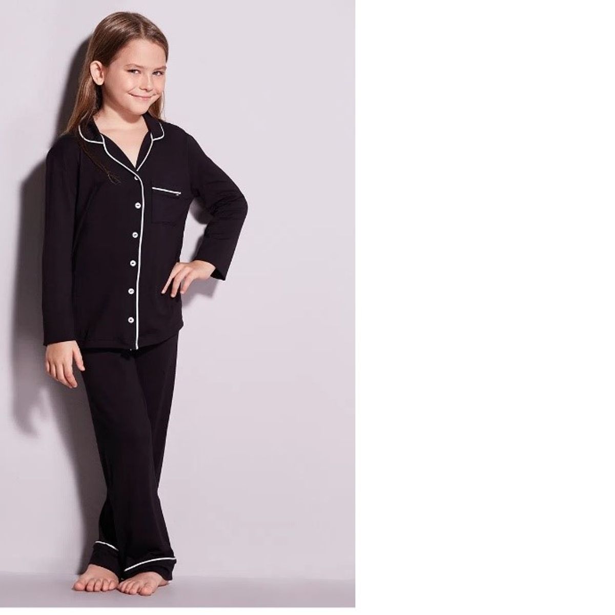 HOPE - PIJAMA NIÑA LARGO NEGRO CON BLANCO  VISCOSA