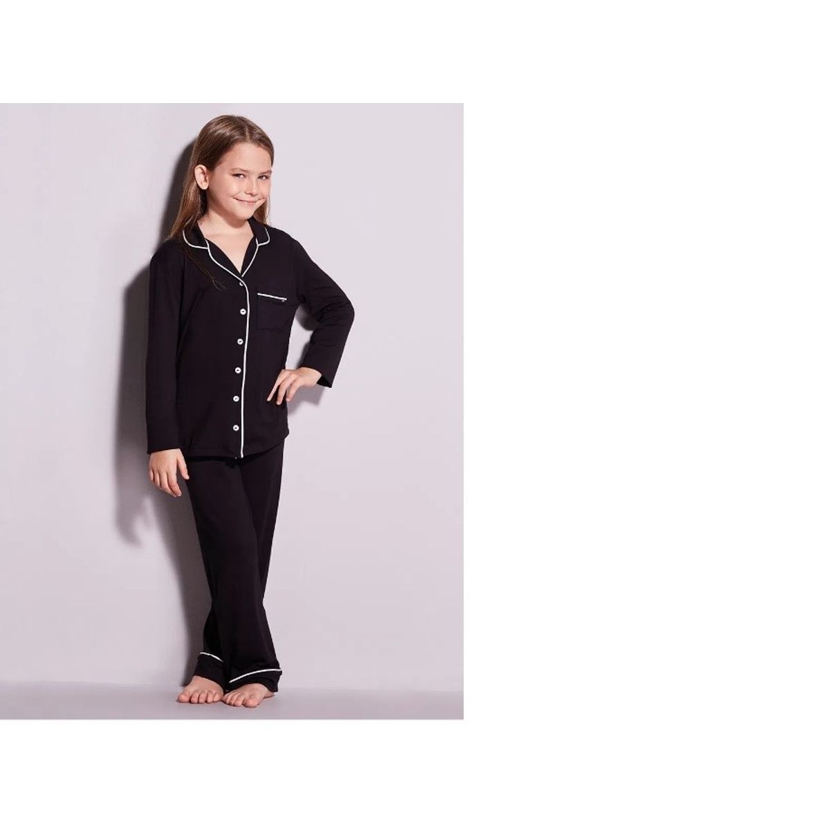 HOPE - PIJAMA NIÑA LARGO NEGRO CON BLANCO  VISCOSA