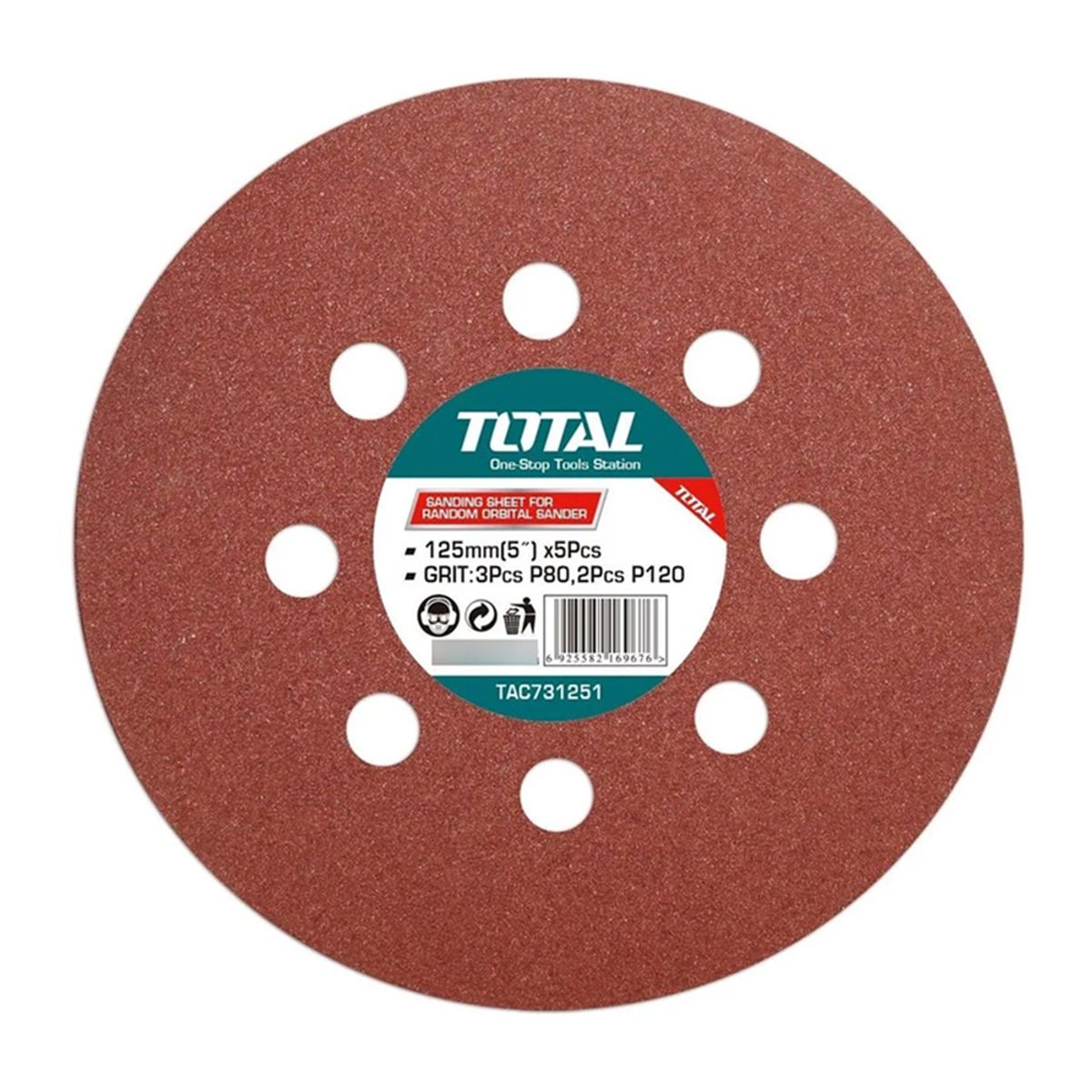 TOTAL TOOLS - 5 Disco Lija Para Pulir 125mm Velcro Grano Variado Total TAC731251