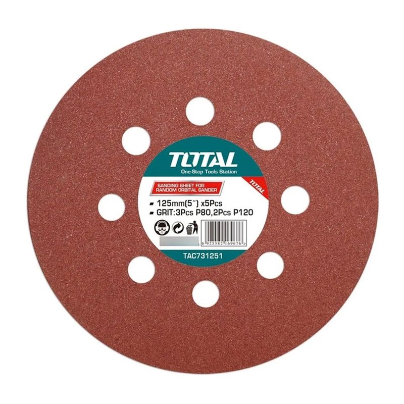 TOTAL TOOLS - 5 Disco Lija Para Pulir 125mm Velcro Grano Variado Total