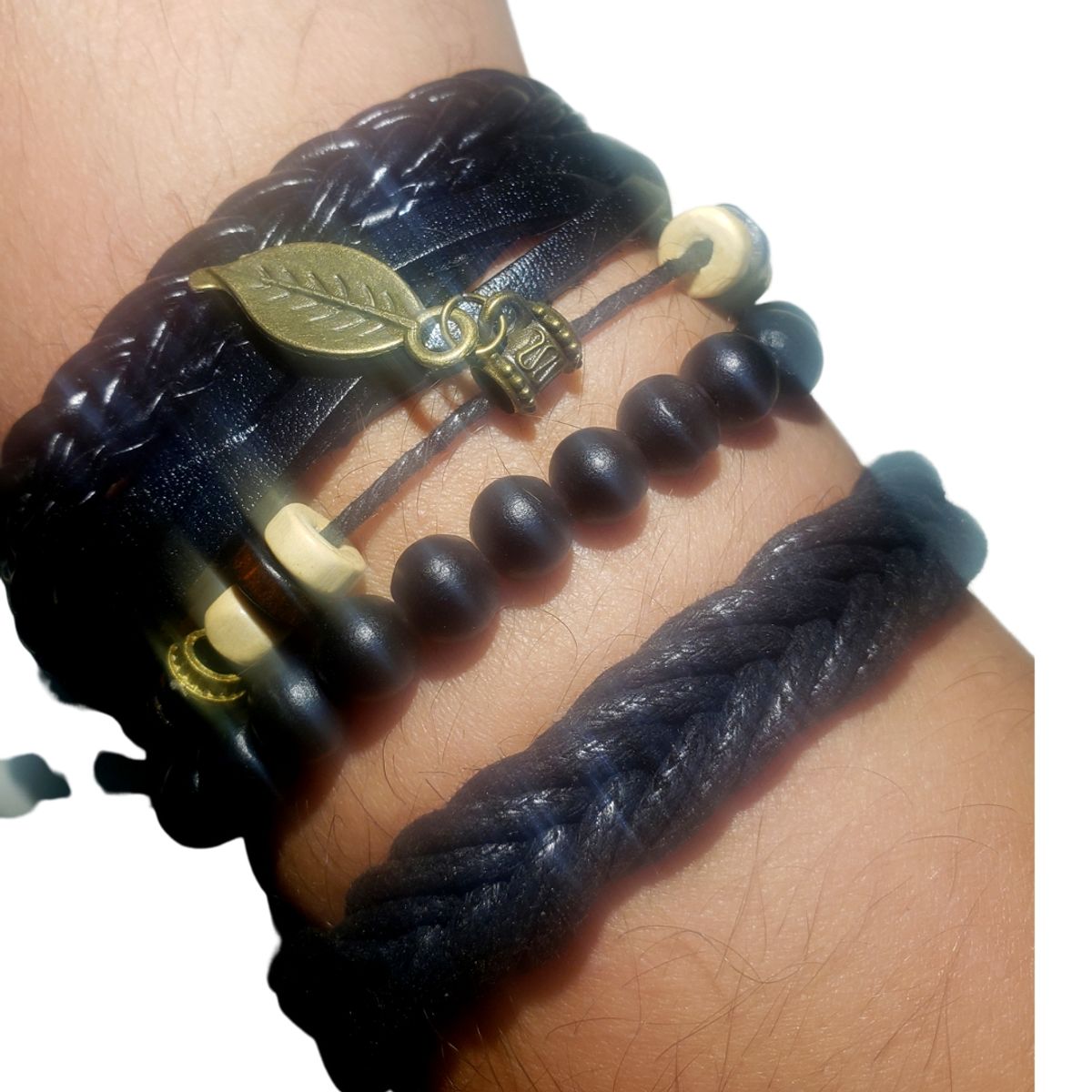 GENERICO - Conjunto Pulseras De Cuero Hombre Hoja Vintage Ajustable