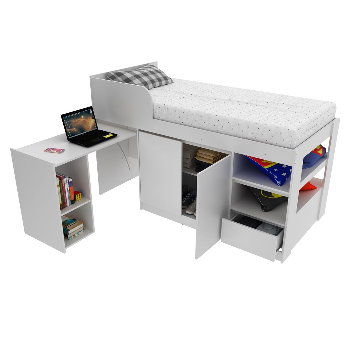 TECNOMOBILI - CAMA 1 PLAZA BLANCO CON ESCRITORIO BLANCO