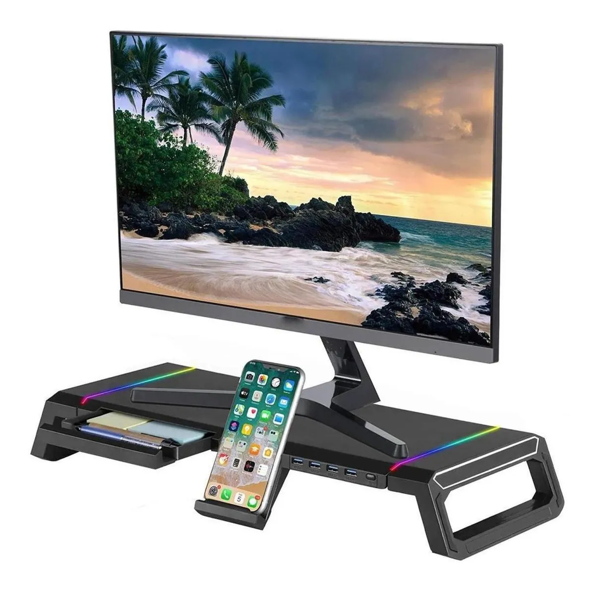 LINKON - Soporte Monitor Rgb Organizador Escritorio Linkon Puerto Usb