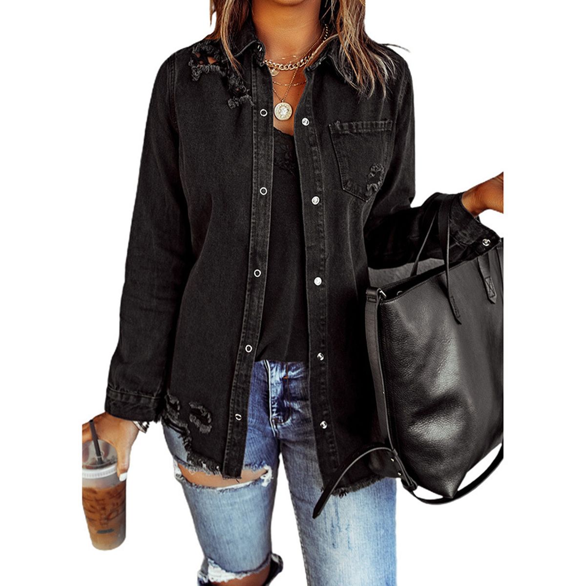 GENERICO - Chaqueta jeans de manga larga para mujer