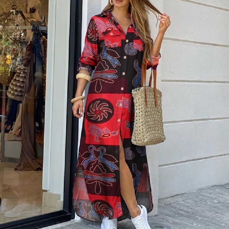 SUPER BABY - Vestidos camiseros de manga larga para mujer vestidos largos- rojo.