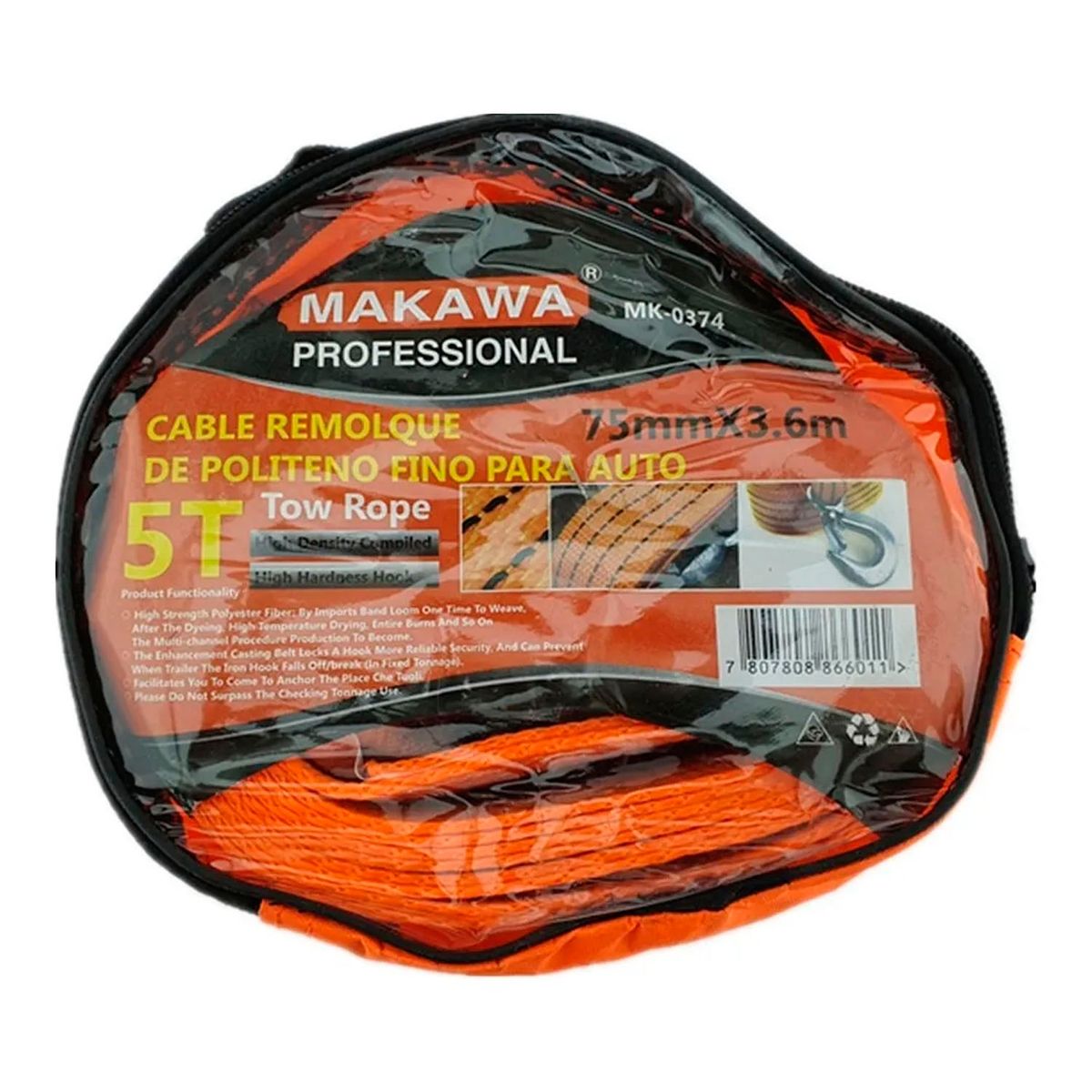 MAKAWA - Cable Remolque Para Auto 5 Toneladas 75mm X 3.6m Makawa